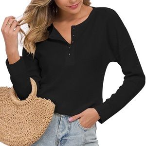 MOLERANI Womens Waffle Knit Tunic Tops Loose Long Sleeve Button Up V Neck Henley